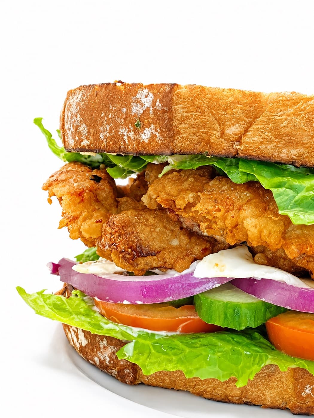 Sándwich de pollo empanizado, de cerca, con lechuga, cebolla morada y tomate